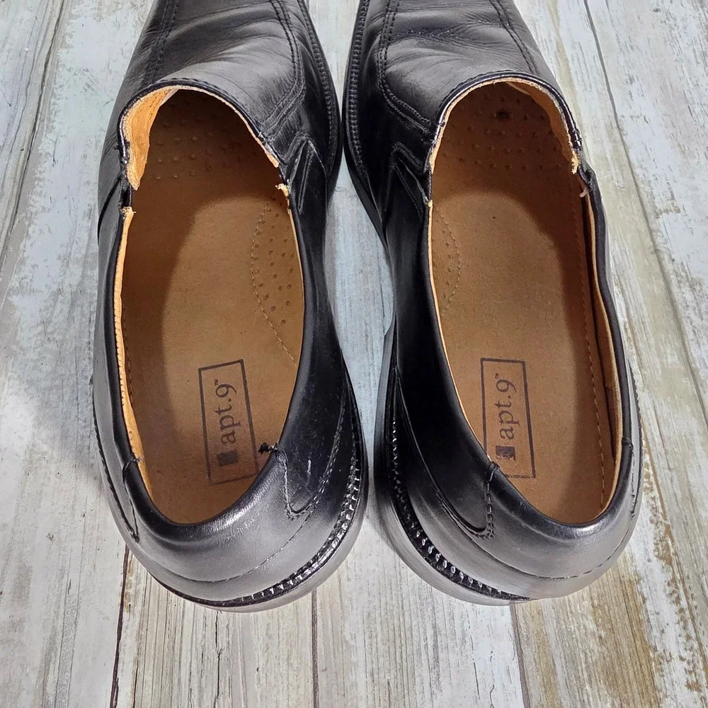 Apt 9 Walker Mens Black Leather Slip On Square Toe Dress Loafers Shoes 9.5 M
